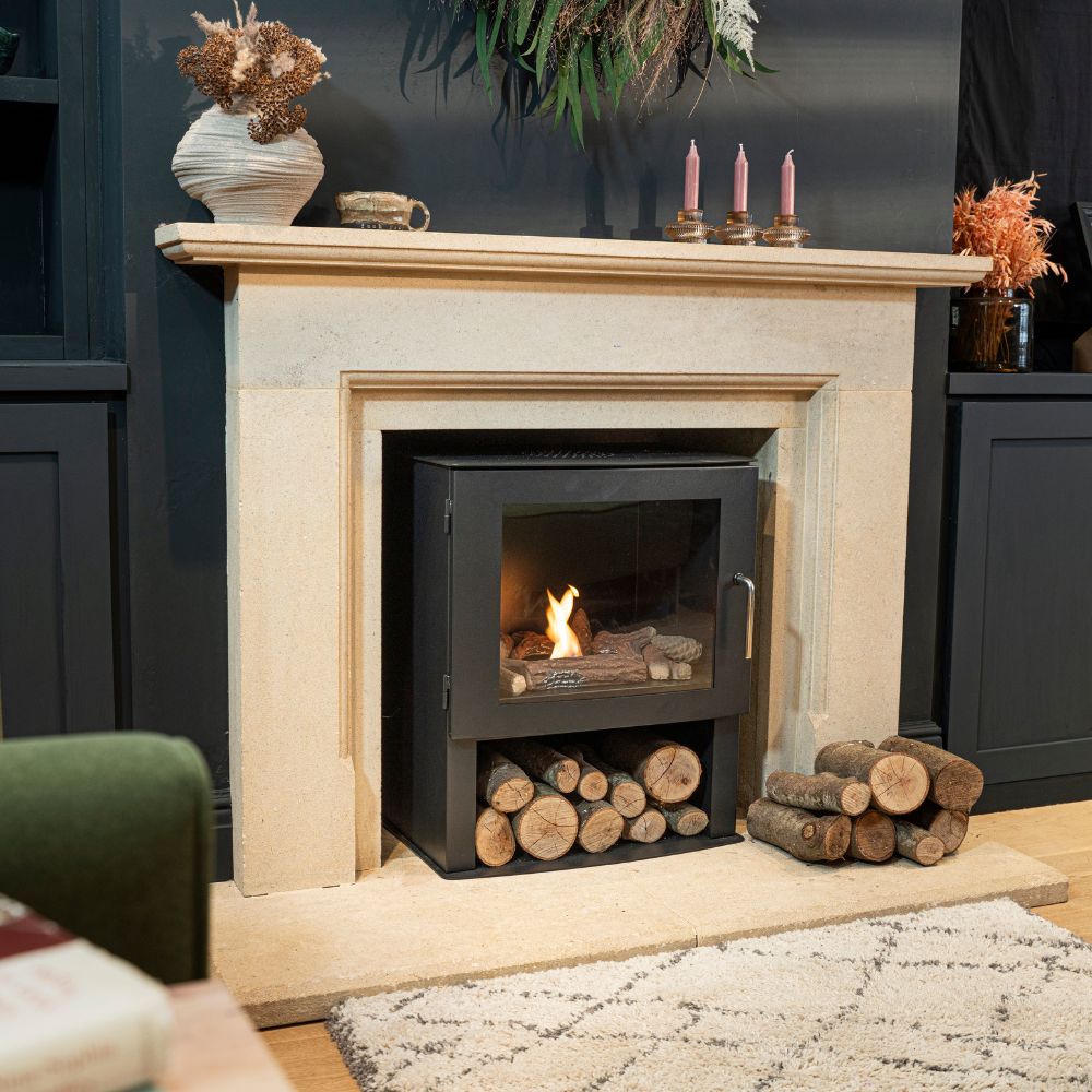 Ledbury Biofire in living room with log pile