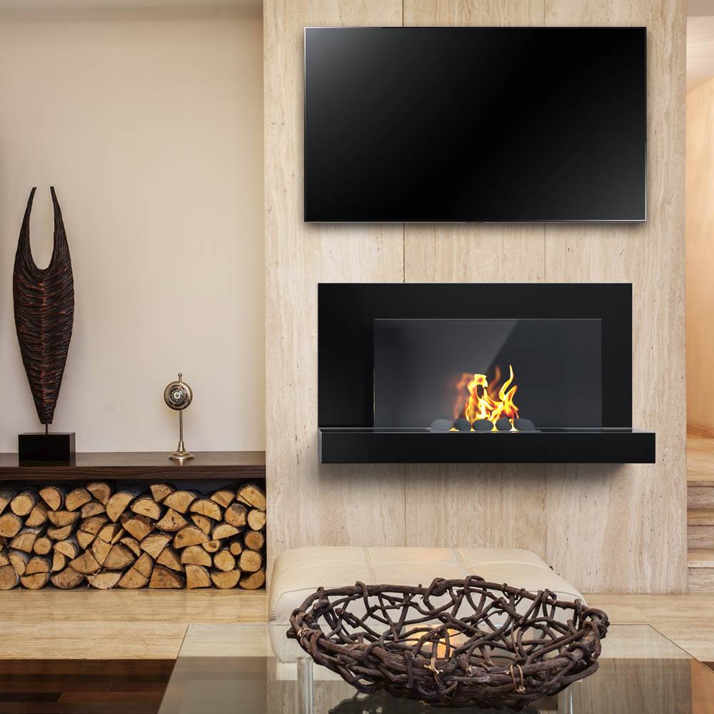 Media wall with bioethanol fireplace