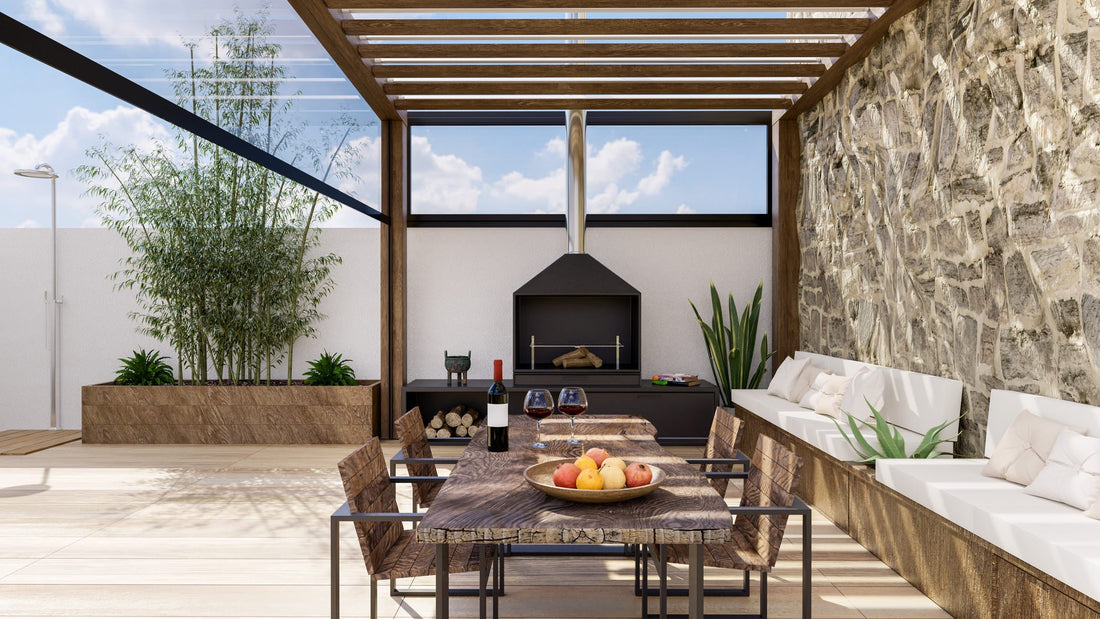 Outdoor living space with fireplace