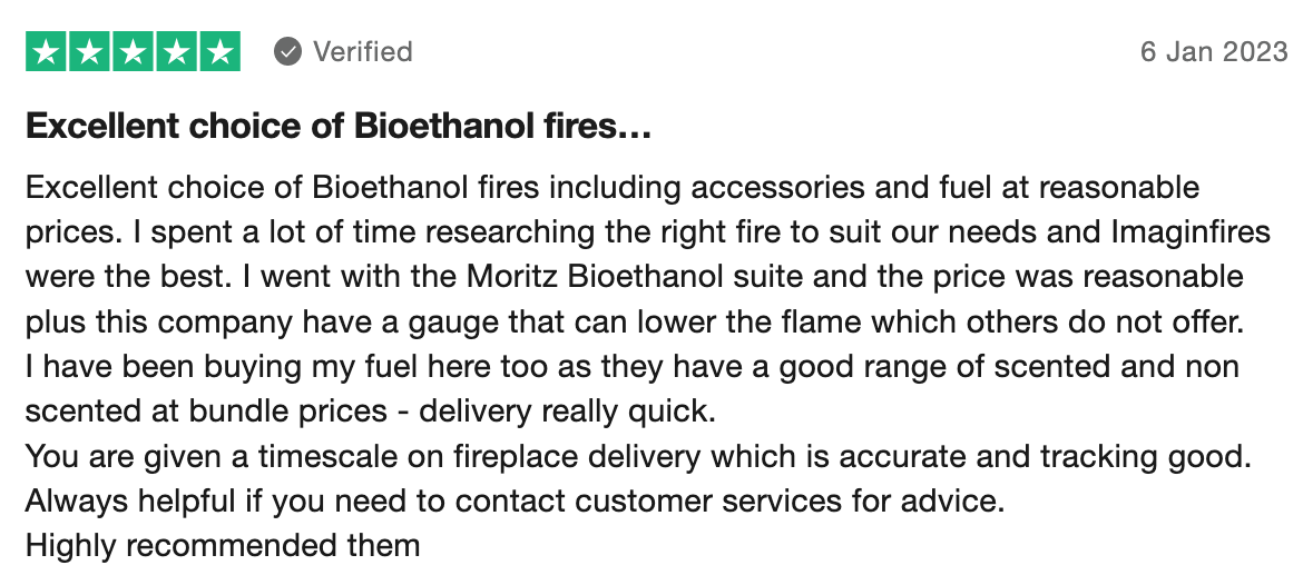 TrustPilot review for bioethanol fires