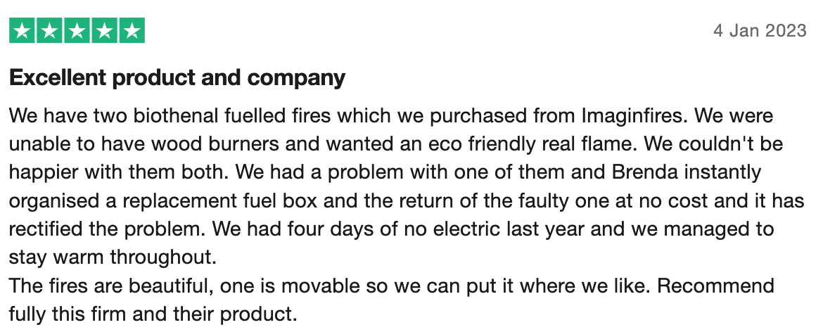 Trustpilot review for Imaginfires purchase