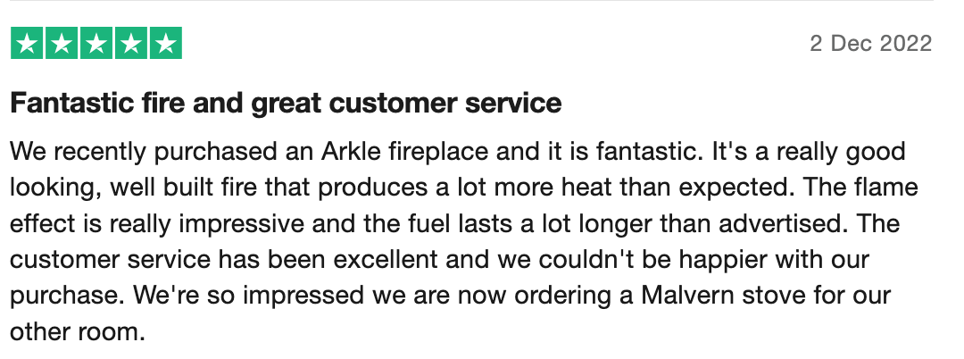 Positive review for Arkle fireplace and biofuel
