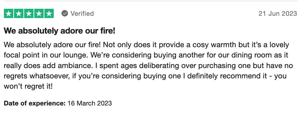 Positive review for bioethanol fireplace purchase