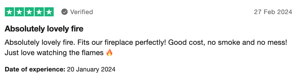 Positive product review for bioethanol fireplaces