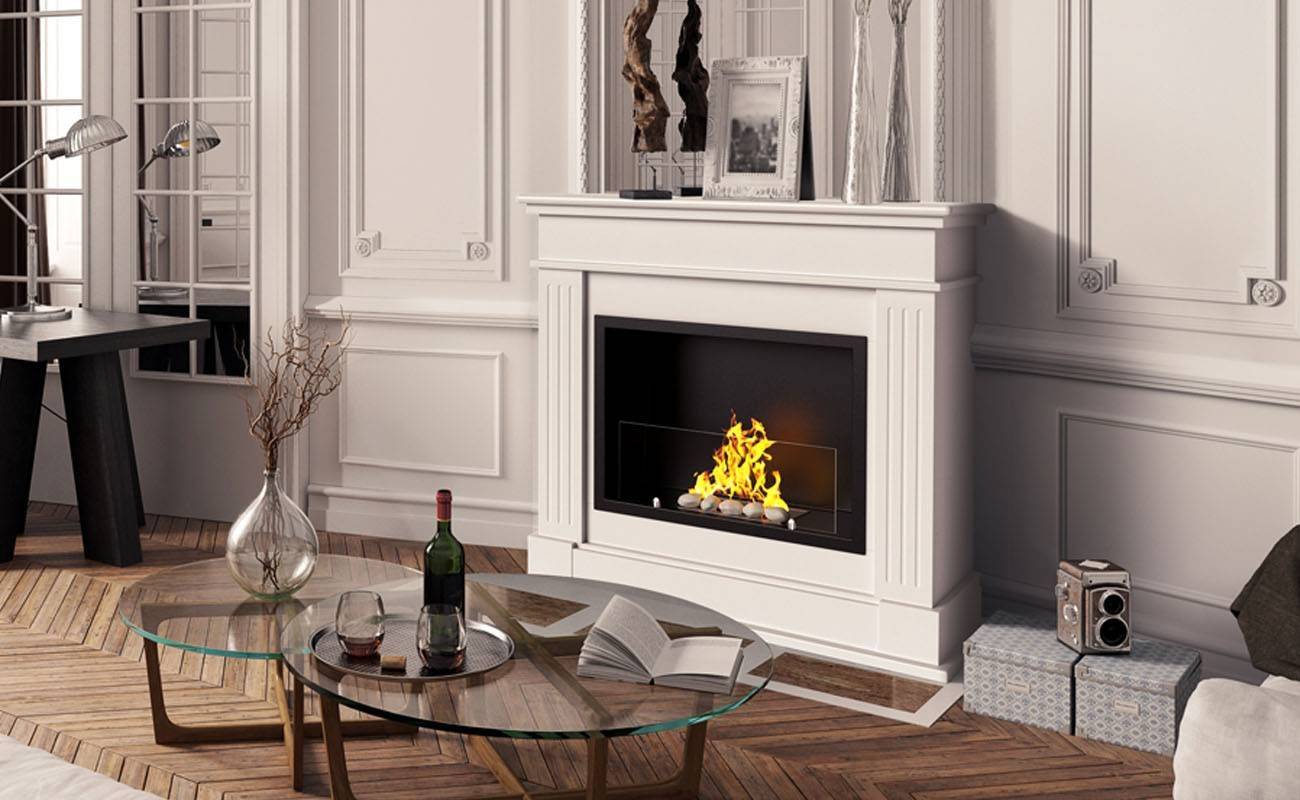 White bioethanol fireplace mounted on the wall