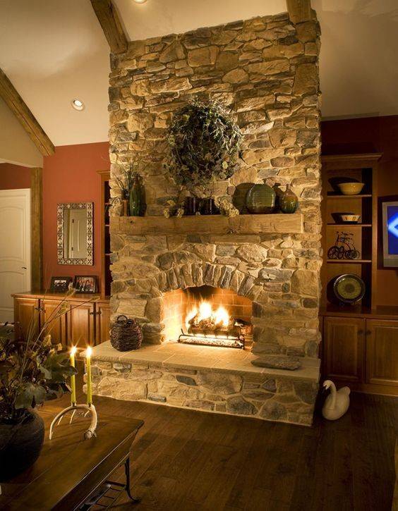 Stone veneer fireplace